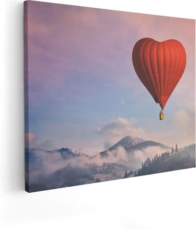Artaza Canvas Schilderij Hart Luchtballon - 50x40 cm - Wanddecoratie Zonsondergang - Muurdecoratie Bergen - Schilderijen Op Canvas
