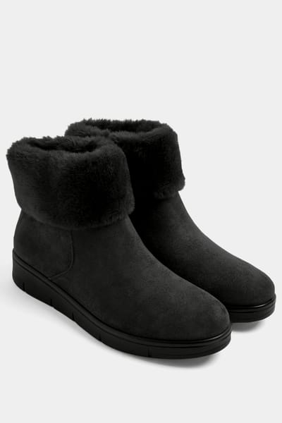 Yours Zwarte Imitatiesuède Bont Enkellaarsjes In Brede Epasvorm Size 37E