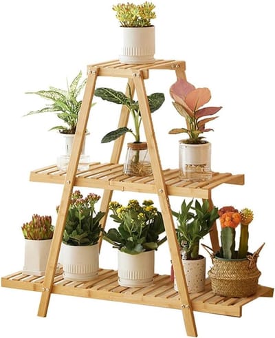 Plantenstandaard Bamboe - Plantenrek Bloemhouder - Planten Presenteren - Driehoek Stabiliteit - 82x25x81 cm - Natuurlijk