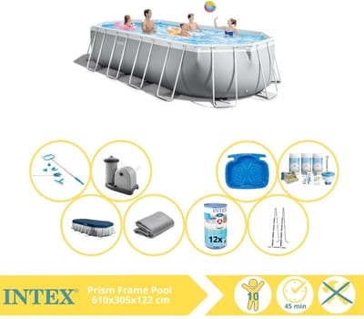 Intex Prism Frame Zwembad - Opzetzwembad - 610x305x122 cm - Inclusief Onderhoudspakket, Filter, Onderhoudsset en Voetenbad
