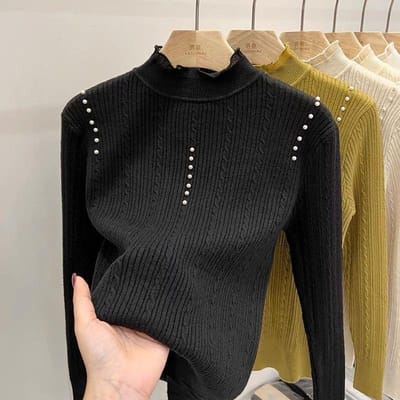 Pull à col montant avec bordure en oreille de Judas noire, pull tricoté pour femme, hiver, coupe slim, haut intérieur à manches longues 2XL noir