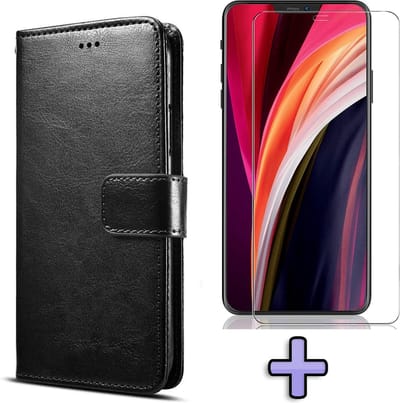 HB Hoesje Geschikt voor Apple iPhone 12 & 12 Pro Zwart - Portemonnee Book Case - Kaarthouder & Magneetlipje & Glazen Screenprotector