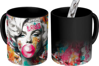 Magische Mok - Foto op Warmte Mokken - Koffiemok - Vrouw - Kauwgom - Graffiti - Neonkleuren - Magic Mok - Beker - 350 ML - Theemok