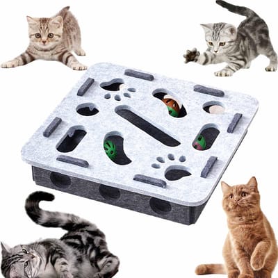Kattenpuzzel Doolhofspel - Interactief Vilt Speelgoed - Vilt Doolhofspel - Katten Krabpaal Speelgoed - Binnen Viltbord voor Katten - Bal met Bel - Binnen Puzzeldoos - Geschikt voor Kittens en Binnenhuisdieren, Vermindert Verveling - Grijs