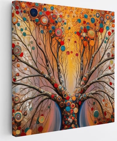 Saammp Canvas Schilderij - boom met gekleurde rondjes - Abstract - 20x20 - Foto op canvas - Wanddecoratie - Muurdecoratie Woonkamer - Slaapkamer decoratie - Canvas Print