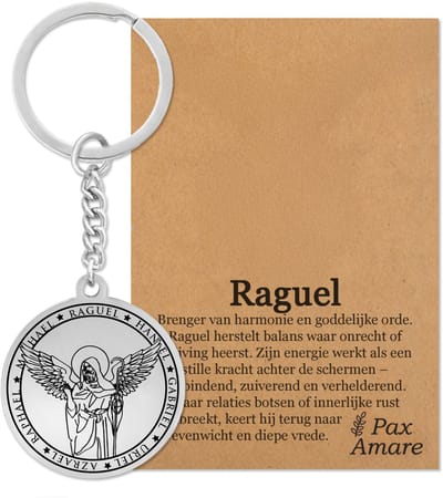 Beschermengel Raguël Sleutelhanger op Cadeau Kaartje – Spiritueel Cadeau van Roestvrij Staal – Zilverkleurig – Pax Amare
