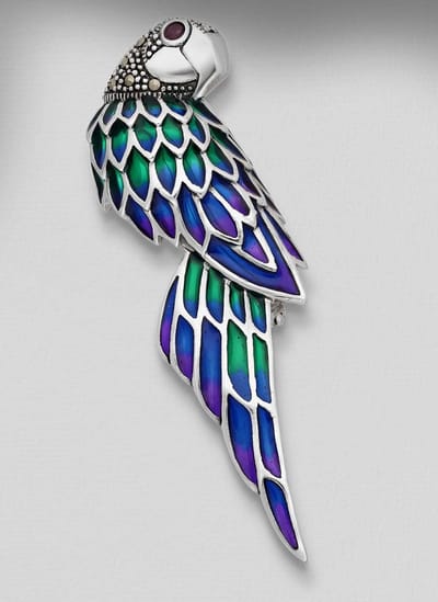Sterling zilveren hanger en broche van papegaai blauw groen veren - zilveren hanger blauw groen papegaai - broche papegaai met groen en blauw veren - 925 zilveren broche en hanger in een van papegaai