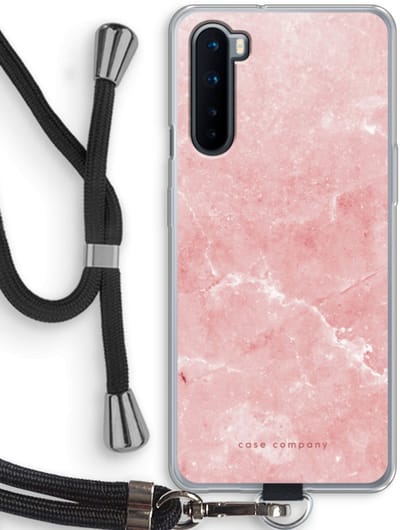 Case Company® - Hoesje met koord geschikt voor OnePlus Nord hoesje met Koord - Roze marmer - Telefoonhoesje met Zwart Koord - Bescherming aan alle Kanten en Over de Schermrand