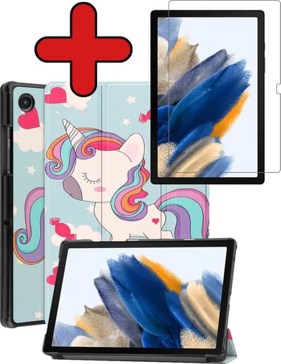 Hoesje - Geschikt voor Samsung Galaxy Tab A8 - Met Screenprotector - Hardcover Book Case - Trifold Bookcase Hoes - Hard Cover - Tablethoes - Eenhoorn