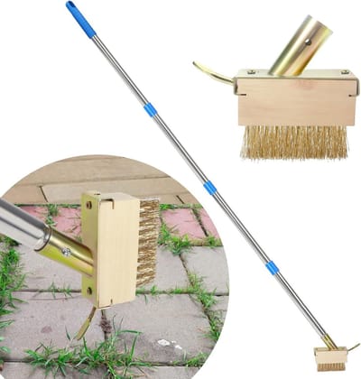 Onkruidwieder met Lange Handgreep - Onkruidtrekker Mosverwijderaar - Terras Reinigen - Dubbele Opzetborstels - 67 inch Handgreep - Zilver