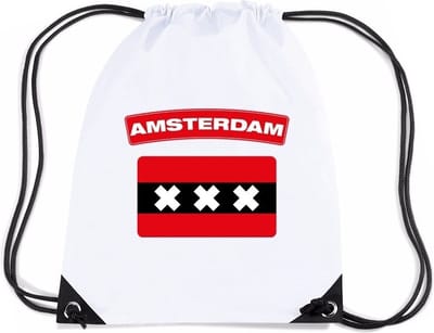 Amsterdam thema sporttas - nylon rijgkoord rugzak - wit met vlag print - supporters - 11 liter - 45 x 34 cm