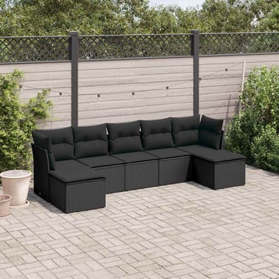 vidaXL - 7-delige - Loungeset - met - kussens - poly - rattan - zwart