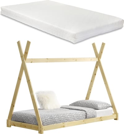 Juniorbed - Tipi met bedbodem en matras 90x200cm - naturel