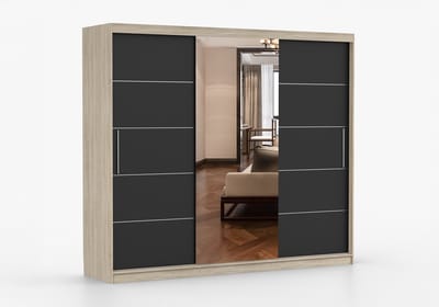 Schuifdeurkast ELBA I met Spiegel – 3-deurs kledingkast, legplanken en kledingroede – modern design – 250x218x61 cm - ELBA I (Sonoma + Zwart)