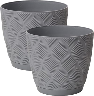 Form Plastic Plantenpot/bloempot New Age - 2x - kunststof - platina grijs - D27 x H24 cm - met opvang schotel - rond