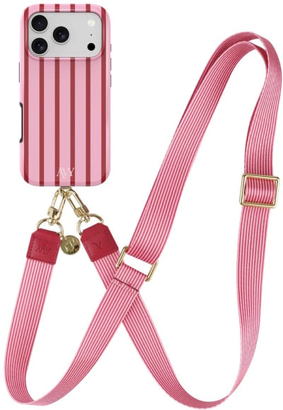 AVY Hoesje Met Telefoonkoord | Geschikt voor Apple iPhone 17 Pro Max | Compatibel met MagSafe | Hard Shell Back Cover | Stijlvol Bijpassend Koord 130CM | Linea Sol | Roze