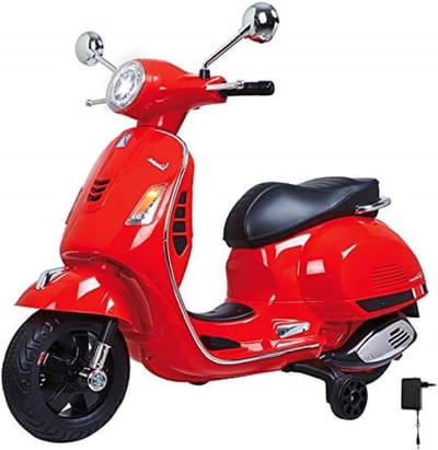 JAMARA 460348 - Ride-on Vespa 12 V - krachtige aandrijfmotor en accu voor lange rijtijd, SD-kaartsleuf, AUX- en USB-aansluiting, ultra-grip rubberen ring op het wiel, steunwielen, led-koplamp, rood