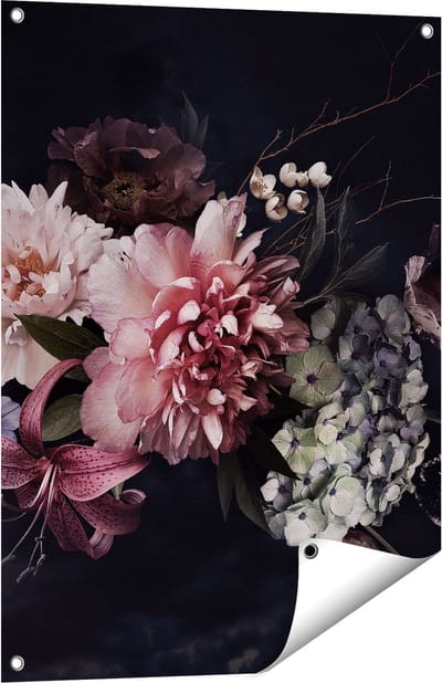 Gards Tuinposter Diverse Bloemen op Zwart Achtergrond - 60x80 cm - Tuindoek - Tuindecoratie - Wanddecoratie buiten - Tuinschilderij