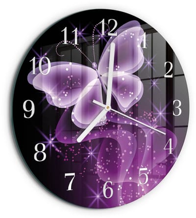 Tulup Wandklok - Vlinder Decoratieve Glazen Klok - 30fi cm - Paars Glazen Wandklok Design - Witte Handen - Ronde Wandklok - Wandklok Glas Met Motief - Decoratieve Glazen Klok