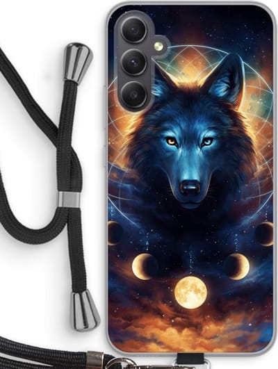 Case Company® - Hoesje met koord geschikt voor Samsung Galaxy A34 hoesje met Koord - Wolf Dreamcatcher - Telefoonhoesje met Zwart Koord - Bescherming aan alle Kanten en Over de Schermrand