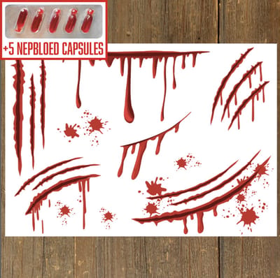 GetGlitterBaby® - Tattoo + Nep Bloed Capsules / Halloween Horror Decoratie Versiering Krabwonden / Carnaval Schmink Make Up Plak Tattoos / Tijdelijke Tattoo / Nep Tatoeage + Vloeibaar Dik Rood Nepbloed / Nep Wond / Fake Kunst Blood - 5 Capsules
