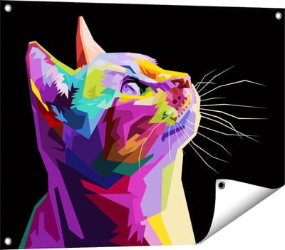 Gards Tuinposter Kleurrijke Kat Kijkt naar Boven - Abstract - 80x60 cm - Tuindoek - Tuindecoratie - Wanddecoratie buiten - Tuinschilderij