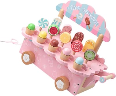 Houten IJskar - Speelgoedkraam Rollenspel - Kinderspel Creativiteit - Realistisch Ontwerp - 32cm Breed - Roze