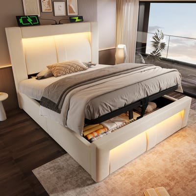 MODFU Bedframe 90x200 cm, velvet, met opbergruimte en LED-hoofdbord, beige
