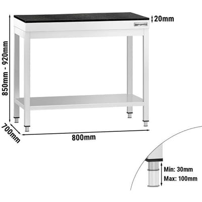 GGM Gastro Edelstahl Arbeitstisch PREMIUM - 800x700mm - mit Grundboden - inkl. Granitarbeitsplatte