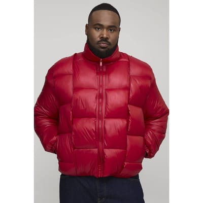 Plus High Shine Weft Oversized Funnel Neck Puffer Jacket | Red | Size 2XL