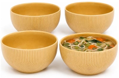 Secret de Gourmet Soepkommen Memphis - 4x - D14 cm - 600 ml - okergeel - keramiek - schaaltjes - kommetjes - stapelbaar
