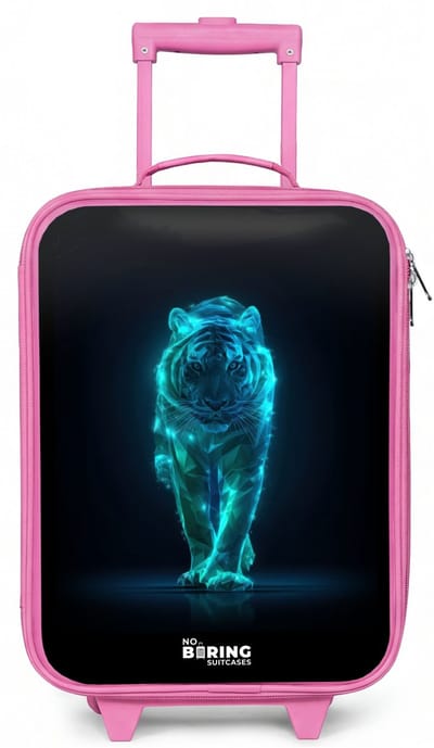 NoBoringSuitcases.com® - Kinderkoffer roze - Kindertrolley meisje - Gloeiende tijger in beweging - Koffer kind lichtgewicht - Reiskoffer trolley voor kinderen - Koffertje met lichtgevende wieltjes - Rolkoffer