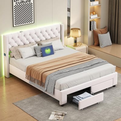 Camacon Tweepersoonsbed, 160 x 200 LED, gevuld bed met laden en USB-oplaadpoort Fluwelen stof, zonder matras (Beige D, 160 x 200 cm)