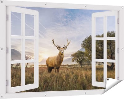 Gards Tuinposter Doorkijk Hert in het Landschap - 150x100 cm - Tuindoek - Tuindecoratie - Wanddecoratie buiten - Tuinschilderij