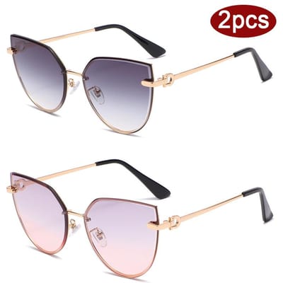 2pcs Lunettes de Soleil Mode Œil de Chat Femme Couleur Dégradée Protection UV Monture Métallique Lunettes de Protection gray