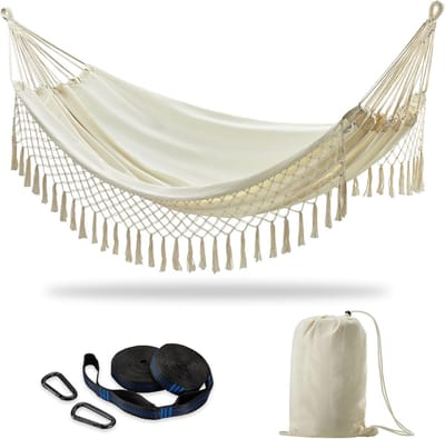 Dubbele Hangmat - Zachte Hangmat - Buiten Ontspannen - Inclusief Boomriemen - 240x160 cm - Natuurlijk Wit