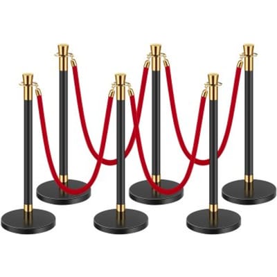 VEVOR Drijvende barrière (6 stuks) met 4 rode fluwelen touwen (1,5 m lang), roestvrijstalen drangende barrière met navulbare voet voor tentoonstellingen, zwart