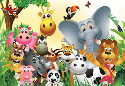 Fotobehang Animal Jungle Elephant Tiger Cow Pig | XL - 208cm x 146cm | 130g/m2 Vlies