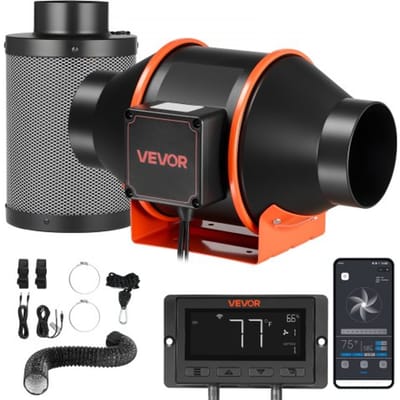 VEVOR 101,6 mm inline kanaalventilator met koolstoffilter, 349 m³/u, met PWM- en app-bediening, 10 snelheden, 9-uurs timer en EC-motor, afzuigventilator voor kassen, kelders en rookafvoer