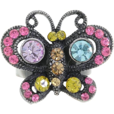 Behave - Ring - Verstelbare Vlinderring – Antiek Zilverlook met Meerkleurige Kristallen – Vintage Boho Statement Sieraad