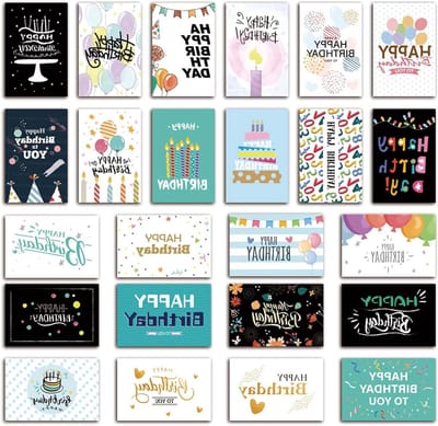 Verjaardagskaarten Set met Enveloppen en Stickers, 24 Vouwkaarten van 10 x 15 cm, Feestelijke Groetkaarten voor Kinderen en Volwassenen
