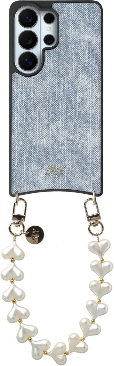 AVY Hoesje Geschikt voor Samsung Galaxy S26 Ultra | Compatibel met MagSafe | Kunstleren Case met Telefoonkoord | Polsband | Denim | Cupid Pearl