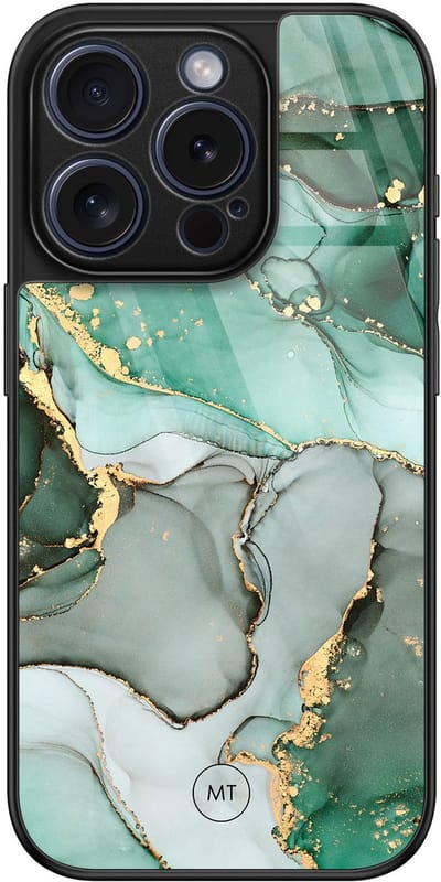 Hoesje geschikt voor iPhone 15 Pro - Marble Design - Luxe Hard Case - Marmer - Grijs, Groen - Mooie Telefoonhoesjes