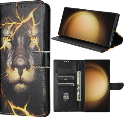 Geschikt voor Samsung Galaxy S23 Ultra hoesje - Solidenz bookcase - Telefoonhoesje S23 Ultra - Cover Hoes - Leeuwenhoofd - Leeuw hoesje - Met Pasjeshouder - Leeuw