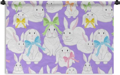 Wandkleed - Wanddoek - Patronen - Konijn - Paars - Lente - 90x60 cm - Wandtapijt