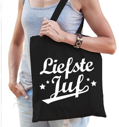 Liefste juf katoenen kado tas zwart - Jufdag / einde schooljaar cadeau