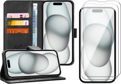 Hoesje geschikt voor iPhone 15 - 2x Screen Protector GlassGuard - Book Case Kunstleer Pasjeshouder Zwart & Screenprotector