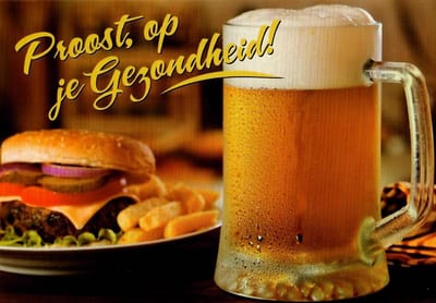 Proost op je gezondheid! Een lekkere wenskaart met een heerlijk biertje en een hamburger plus friet. Een leuke kaart om zo te geven of om bij een cadeau te voegen. Een dubbele wenskaart inclusief envelop en in folie verpakt.