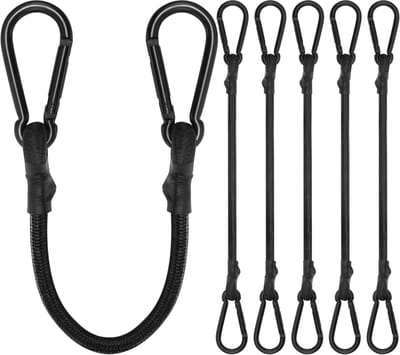 Elastische spanband met karabijnhaak - Set van 6, 20 cm - Zwart - Ideaal voor bagage en outdoor