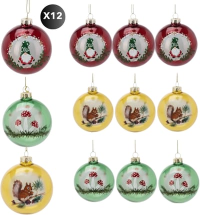 Lomera Glazen Kerstballen - Set van 12 - 8 CM Diameter - Glanzend - Kerstboomversiering - Kerstdecoratie - Traditionele Kerstballen - Kabouter Design - Eenhoorn Design - Paddestoel Design - Kerstbal Set - Glazen Ornamenten - Kerstversiering Glas